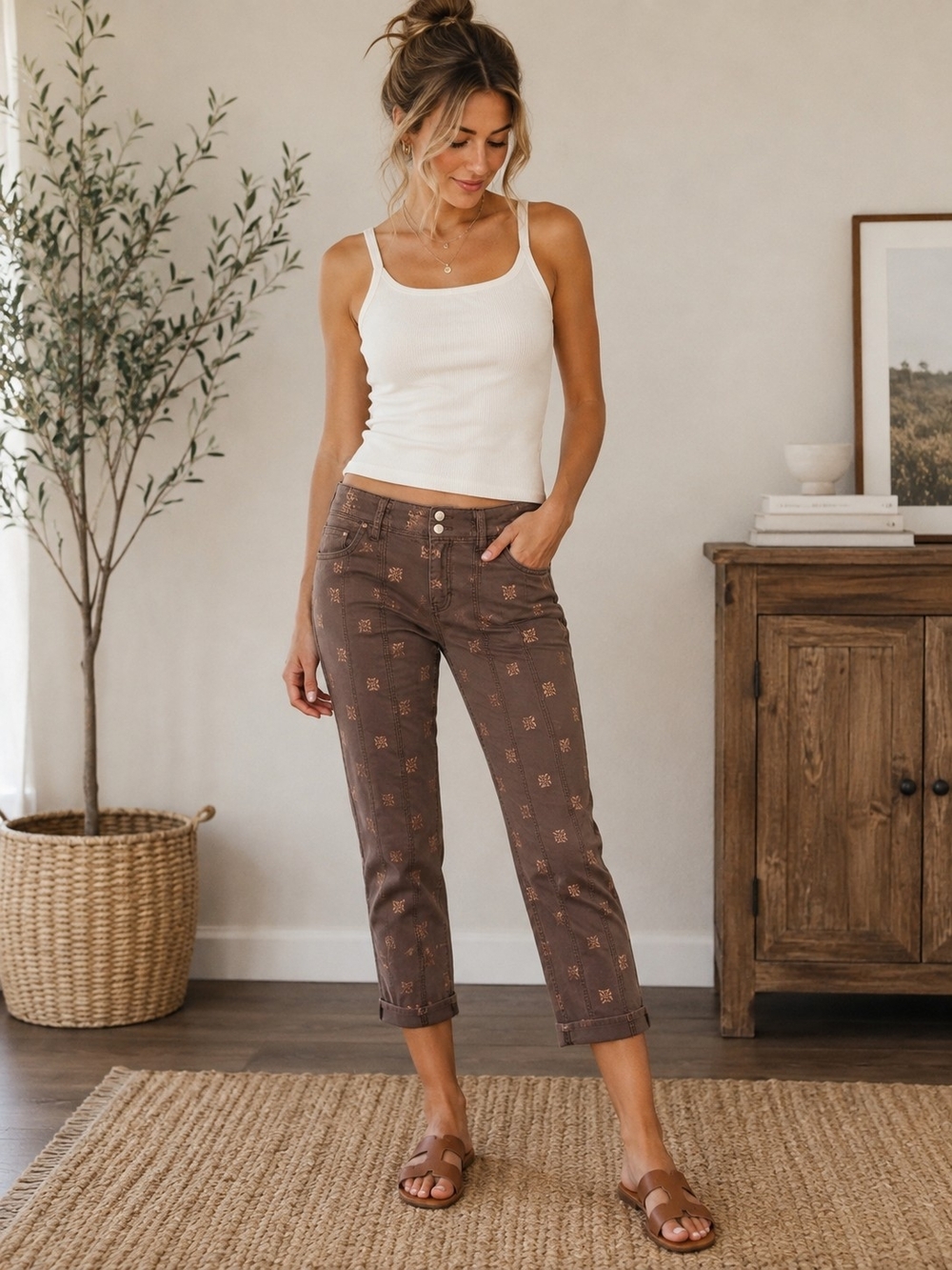 The Limited Brown Printed Cropped Jeans - Ankle Slim Fit